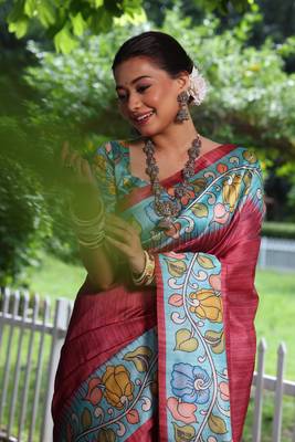 Red Treaditional Kalamkari design Lotus border printed work saree with Blouse  3