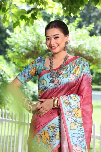 Red Treaditional Kalamkari design Lotus border printed work saree with Blouse 