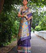Purple Treaditional Kalamkari design Lotus border printed work saree with Blouse