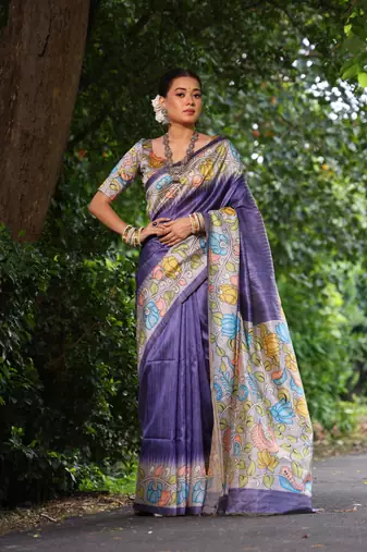 Purple Treaditional Kalamkari design Lotus border printed work saree with Blouse 