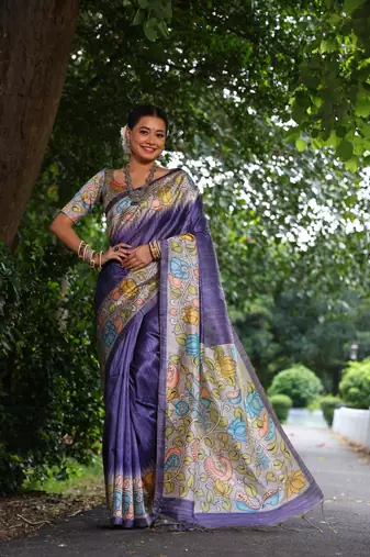 Purple Treaditional Kalamkari design Lotus border printed work saree with Blouse 