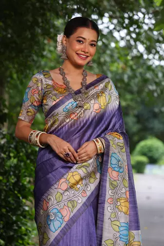 Purple Treaditional Kalamkari design Lotus border printed work saree with Blouse 