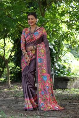 Brown Treaditional Kalamkari design Lotus border printed work saree with Blouse  1