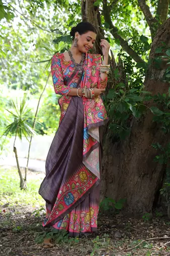 Brown Treaditional Kalamkari design Lotus border printed work saree with Blouse 