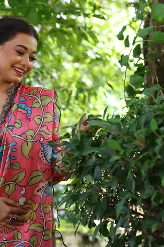 Brown Treaditional Kalamkari design Lotus border printed work saree with Blouse 