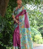 Magenta Treaditional Kalamkari design Lotus border printed work saree with Blouse