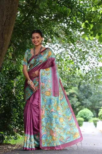 Magenta Treaditional Kalamkari design Lotus border printed work saree with Blouse 