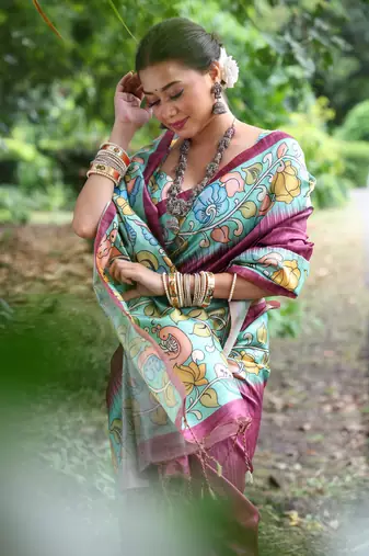 Magenta Treaditional Kalamkari design Lotus border printed work saree with Blouse 