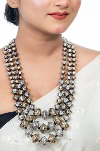 Dual tone multistrand dholki beads necklace oxidized south indian ghungroo necklace, navratri indian jwellery