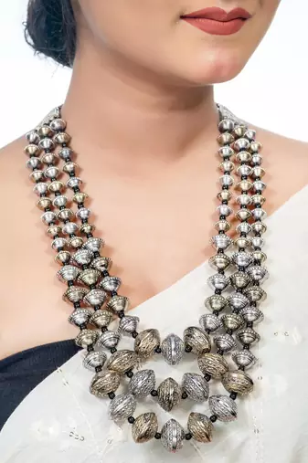 Dual tone multistrand dholki beads necklace oxidized south indian ghungroo necklace, navratri indian jwellery