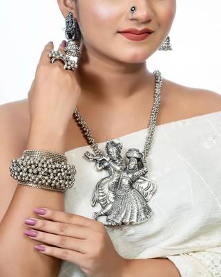 Radhakrishna pendant set traditional wear german silver indian oxidized jewellery vintage look temple collection 1