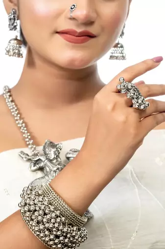 Radhakrishna pendant set traditional wear german silver indian oxidized jewellery vintage look temple collection