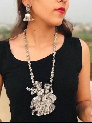 Radhakrishna pendant set traditional wear german silver indian oxidized jewellery vintage look temple collection 4