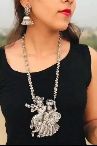 Radhakrishna pendant set traditional wear german silver indian oxidized jewellery vintage look temple collection