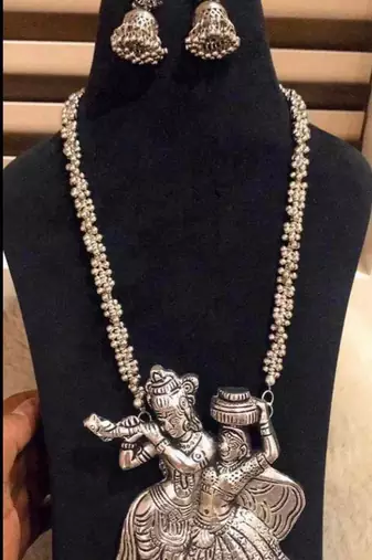 Radhakrishna pendant set traditional wear german silver indian oxidized jewellery vintage look temple collection