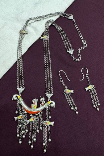Multicolor long necklace pendant indian jewellery set fish design