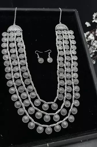 Multilayer coin necklace set indian silver jewellery three layer for women oxidized beautiful boho antique design