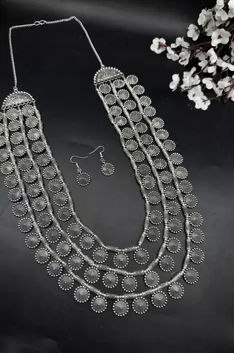 Multilayer coin necklace set indian silver jewellery three layer for women oxidized beautiful boho antique design