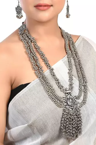 Indian ethnic multilayer necklace jewelry ganesha oxidized long necklace with heavy ghunghroo