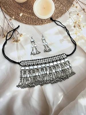 Mirror afghani boho tribal choker set, oxidized tribal silver plated necklace jewelry trendy necklace 1
