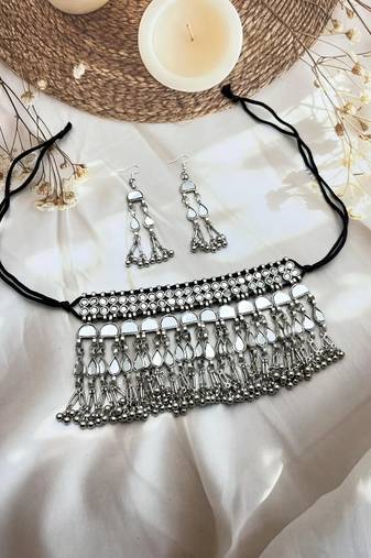 Mirror afghani boho tribal choker set, oxidized tribal silver plated necklace jewelry trendy necklace
