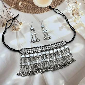 Mirror afghani boho tribal choker set, oxidized tribal silver plated necklace jewelry trendy necklace 2