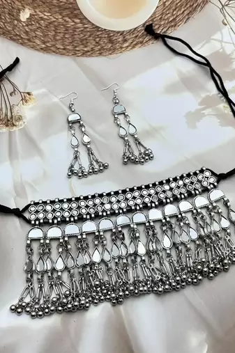 Mirror afghani boho tribal choker set, oxidized tribal silver plated necklace jewelry trendy necklace