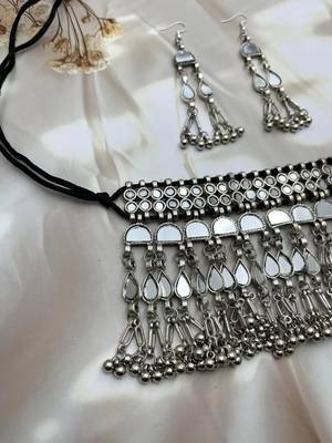 Mirror afghani boho tribal choker set, oxidized tribal silver plated necklace jewelry trendy necklace 3