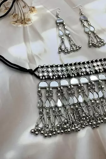 Mirror afghani boho tribal choker set, oxidized tribal silver plated necklace jewelry trendy necklace