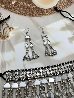 Mirror afghani boho tribal choker set, oxidized tribal silver plated necklace jewelry trendy necklace 4
