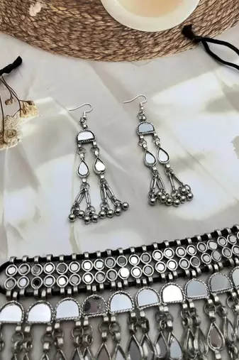 Mirror afghani boho tribal choker set, oxidized tribal silver plated necklace jewelry trendy necklace