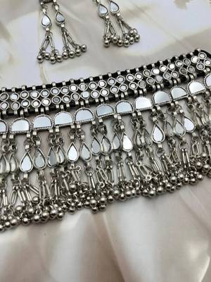 Mirror afghani boho tribal choker set, oxidized tribal silver plated necklace jewelry trendy necklace 5