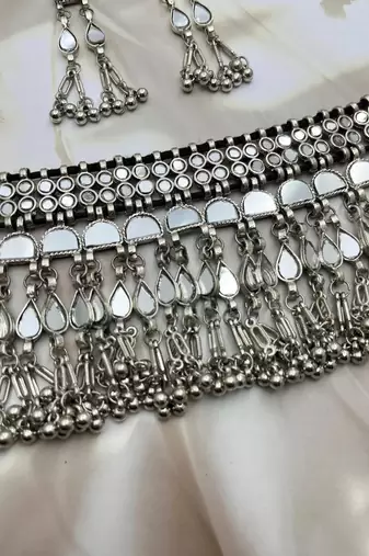 Mirror afghani boho tribal choker set, oxidized tribal silver plated necklace jewelry trendy necklace