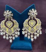 Yellow meenakari kundan earrings, indian jhumka pearl drop earrings, wedding earrings, bridal statement earrings