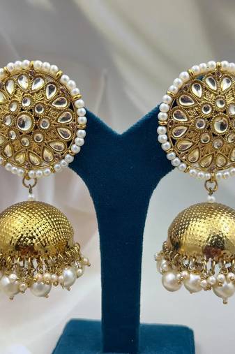 Antique gold kundan jhumka earring indian polki statement earrings wedding bridal traditional partywear earrings