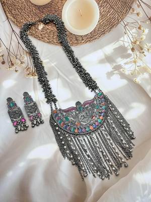 Afghani long necklace set oxidized silver plated multicolor stone studded ghungroo jewelry set 1