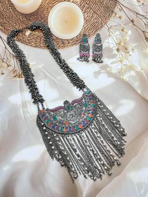 Afghani long necklace set oxidized silver plated multicolor stone studded ghungroo jewelry set 2