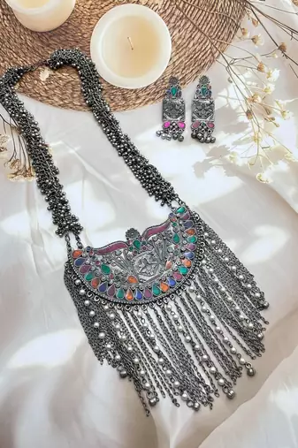 Afghani long necklace set oxidized silver plated multicolor stone studded ghungroo jewelry set