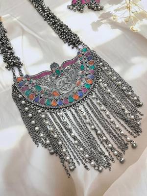 Afghani long necklace set oxidized silver plated multicolor stone studded ghungroo jewelry set 3