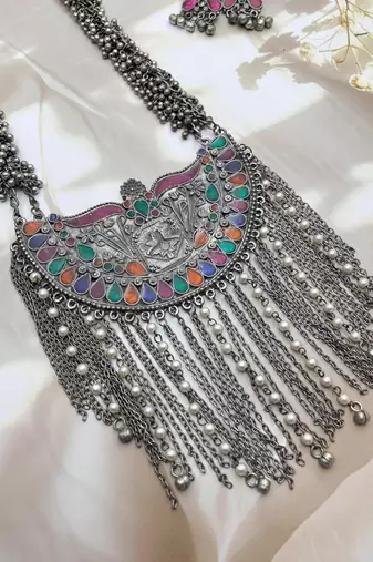 Afghani long necklace set oxidized silver plated multicolor stone studded ghungroo jewelry set