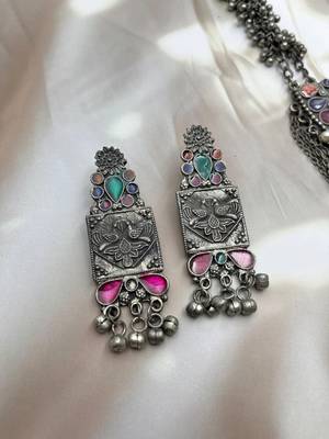Afghani long necklace set oxidized silver plated multicolor stone studded ghungroo jewelry set 4