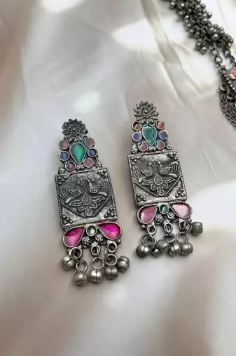 Afghani long necklace set oxidized silver plated multicolor stone studded ghungroo jewelry set