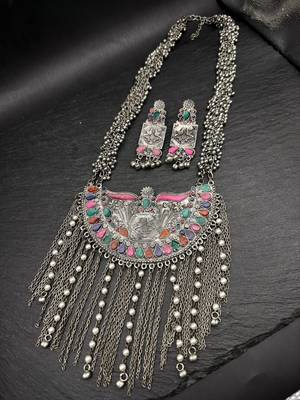 Afghani long necklace set oxidized silver plated multicolor stone studded ghungroo jewelry set 5