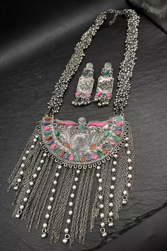 Afghani long necklace set oxidized silver plated multicolor stone studded ghungroo jewelry set