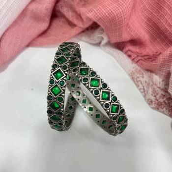 Oxidised green stone bangle set bridal stone wedding bangles set hand kada silver plated hand kada 1
