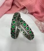 Oxidised green stone bangle set bridal stone wedding bangles set hand kada silver plated hand kada