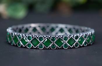 Oxidised green stone bangle set bridal stone wedding bangles set hand kada silver plated hand kada 2