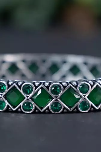 Oxidised green stone bangle set bridal stone wedding bangles set hand kada silver plated hand kada