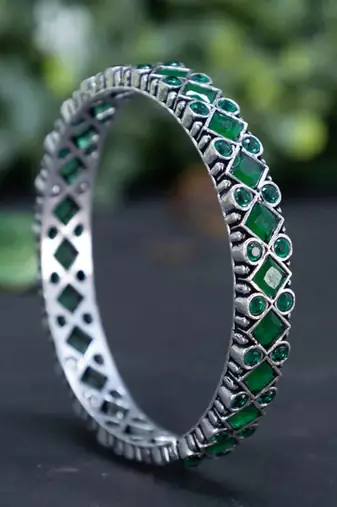 Oxidised green stone bangle set bridal stone wedding bangles set hand kada silver plated hand kada