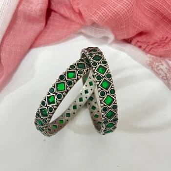 Oxidised green stone bangle set bridal stone wedding bangles set hand kada silver plated hand kada 4